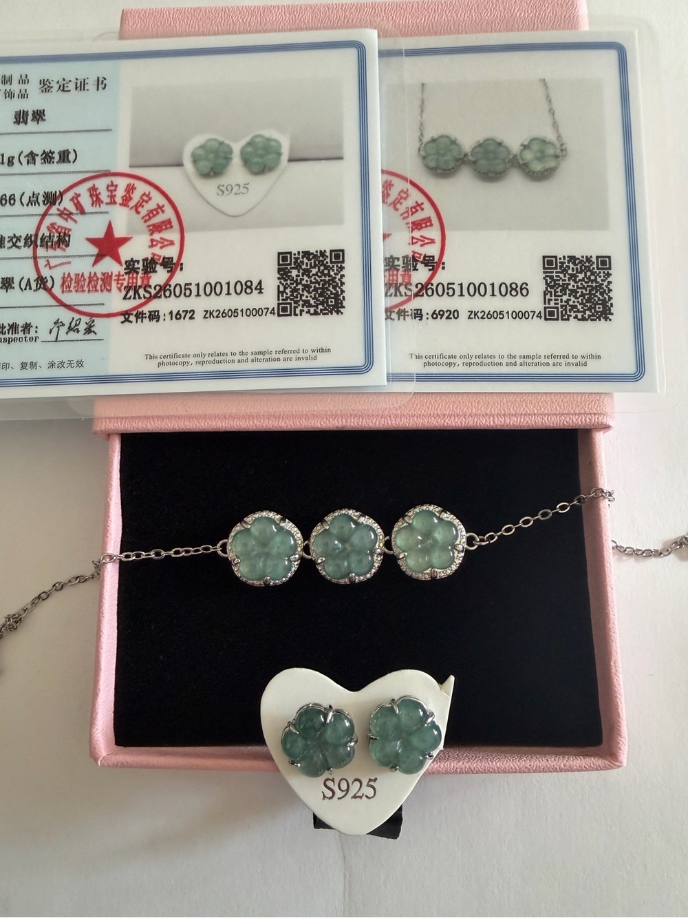 Authentic S925 Jade Green Flower Bracelet and Earrings Set
